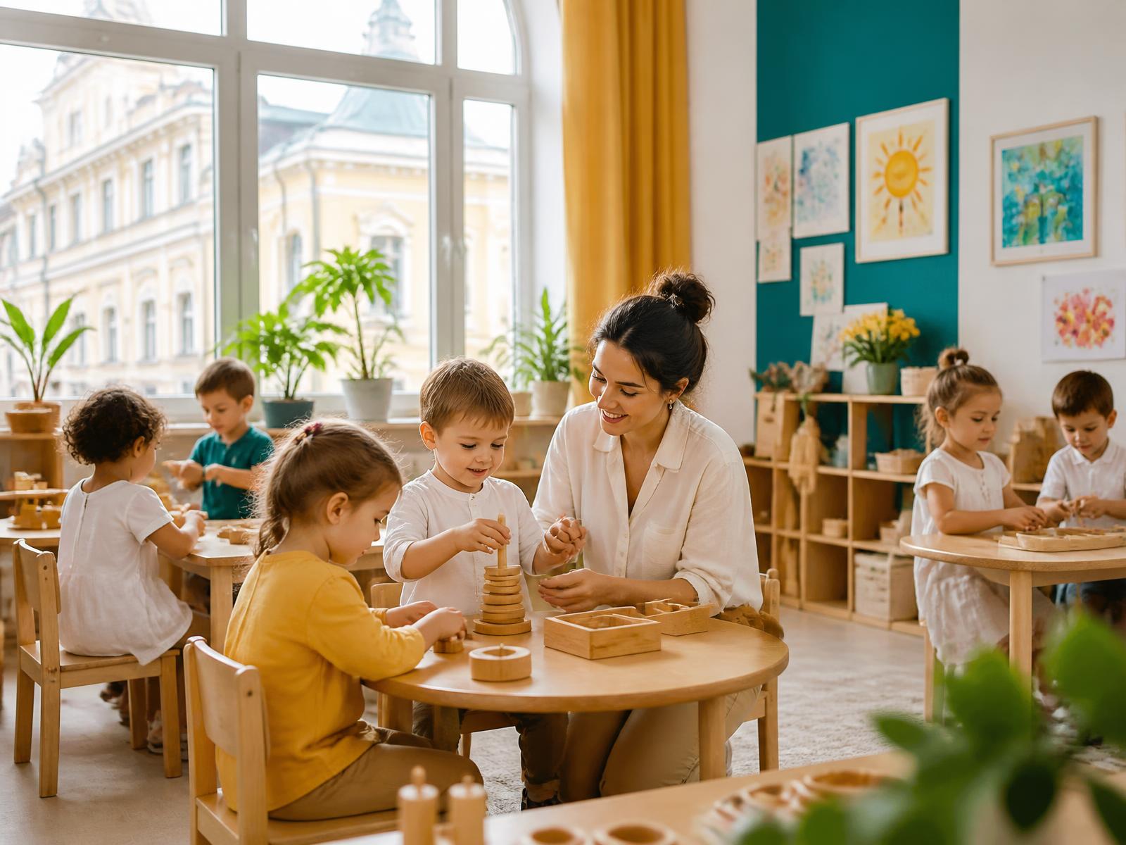 Copii și educatoare la grădinița ProGenius din Codru, Chișinău, în timpul activităților de dimineață